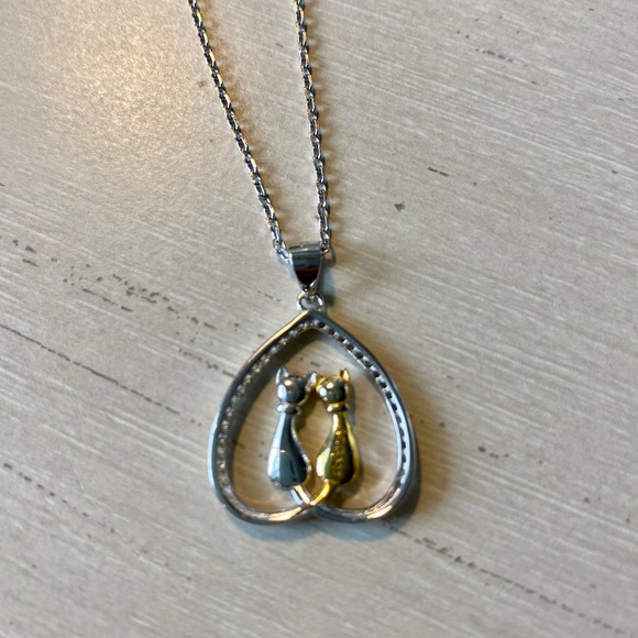 Kitty Cat,Gold & Silver; Diamond Heart Necklace - Picture 2 of 7